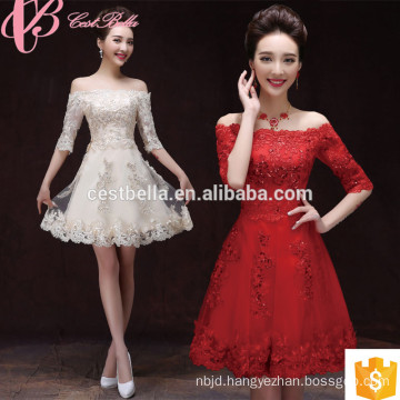 Newest Style Off Shoulder Knee Length Lace Crystal Applique Mother Of The Bride Dress With Sleeves
